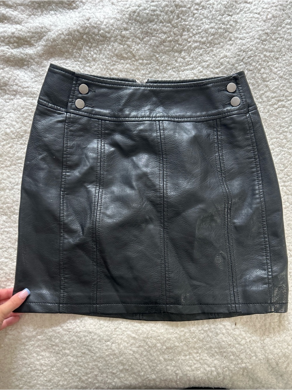 Free People Black Faux Leather Mini Skirt with Silver Snap Accents